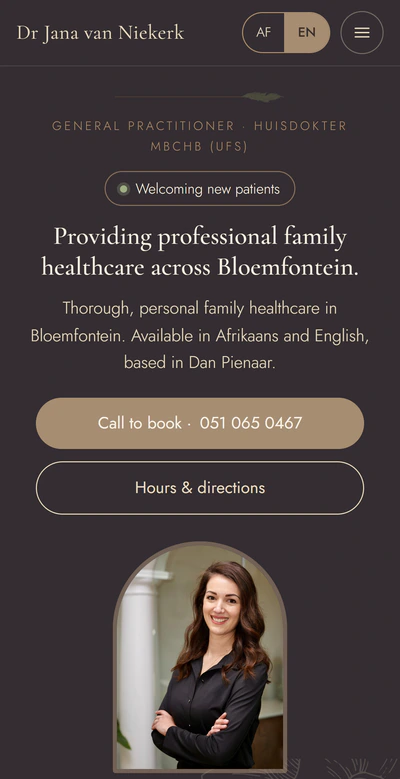 Dr Jana van Niekerk website on a phone