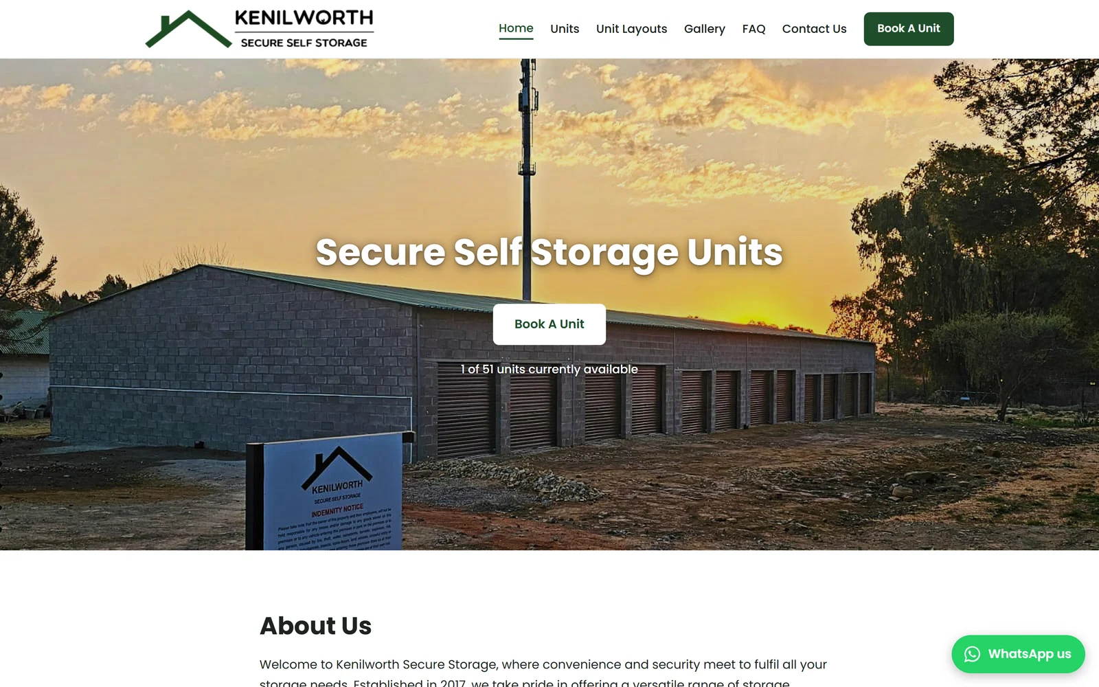 Kenilworth Storages website on a desktop screen