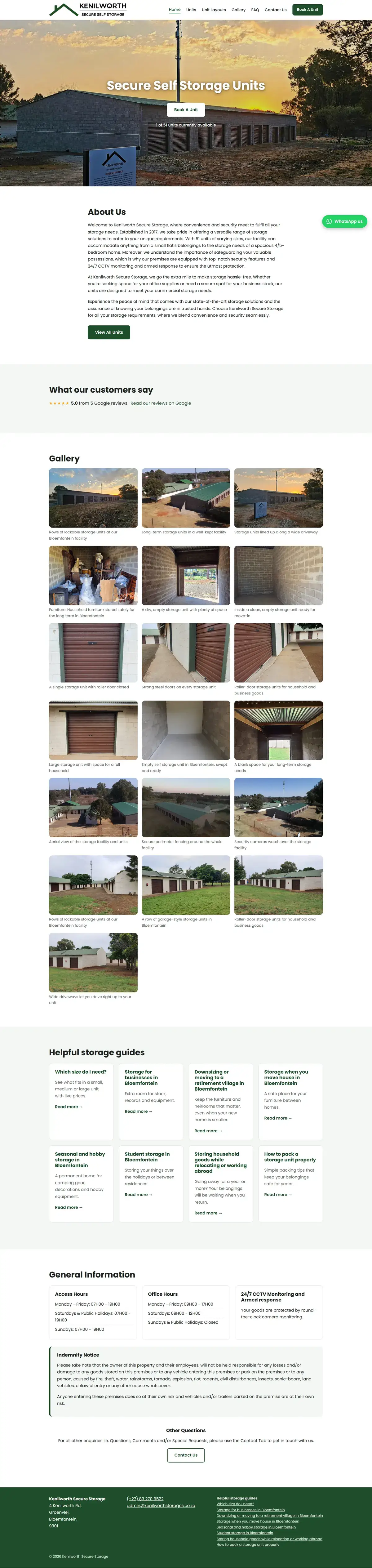 Full page of the Kenilworth Storages website
