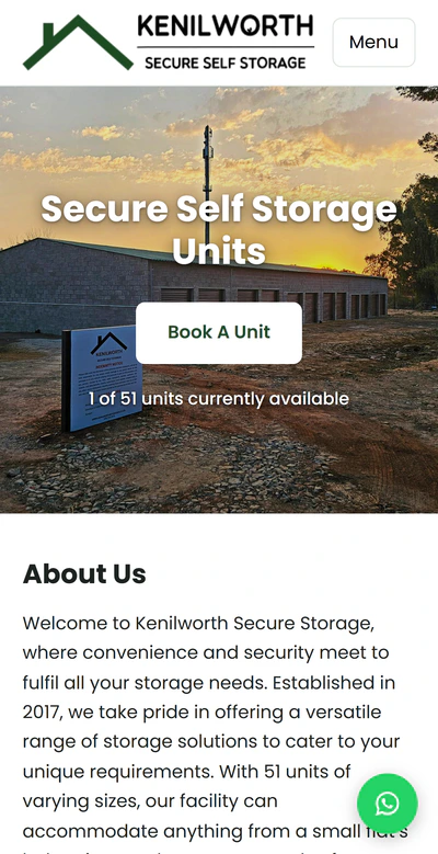 Kenilworth Storages website on a phone