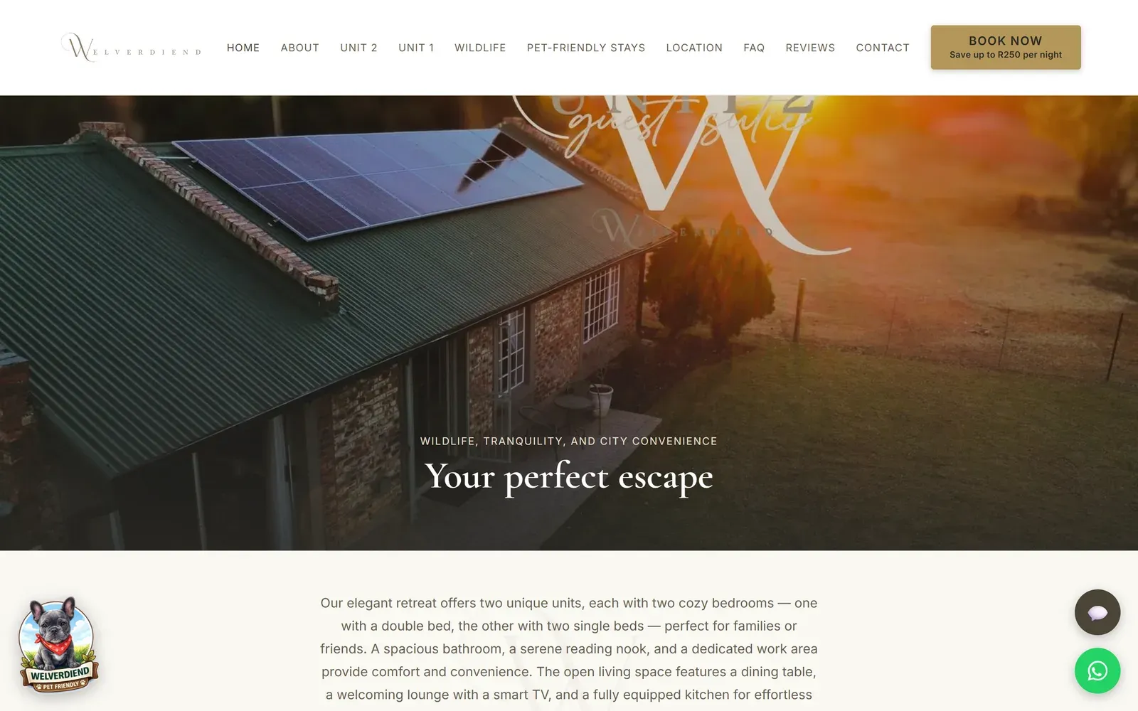 Welverdiend Accommodation website on a desktop screen