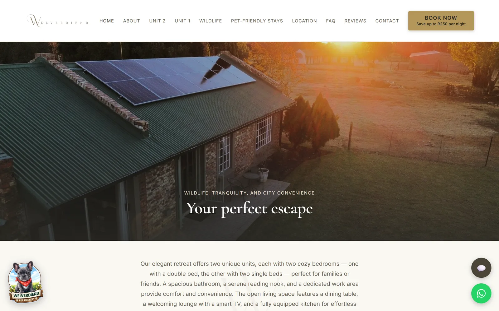 Welverdiend Accommodation website on a desktop screen