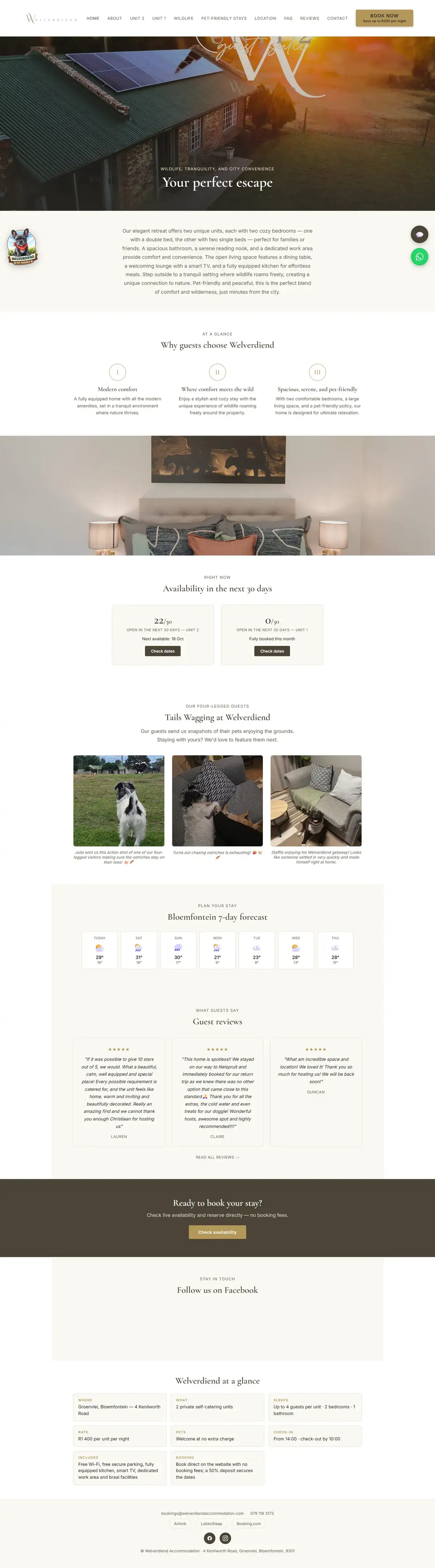 Full page of the Welverdiend Accommodation website